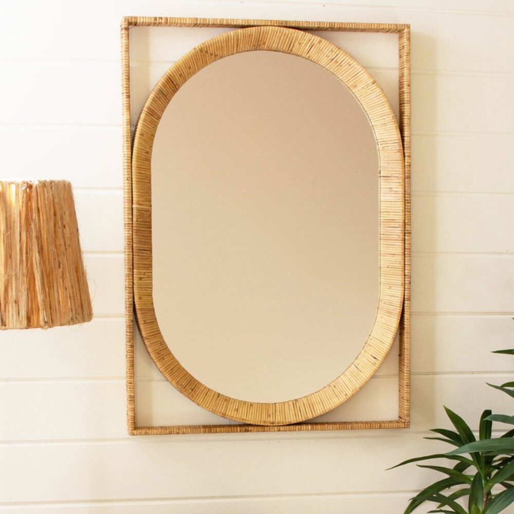 Handwoven Rectangle/Oval Cane Wrapped Mirror | Beach House Mirror | Boho Mirror